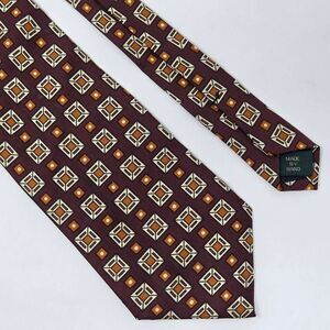 J CREW HAND MADE SILK TIE BURGUNDY CREAM ORANGE GEOMETRIC SQUARES 3.75" X 55"